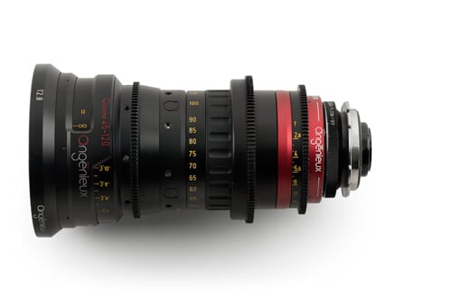 Side view of a Angenieux Optimo Zoom lens in black and red