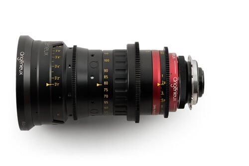Side view of a Angenieux Optimo Zoom lens in black and red
